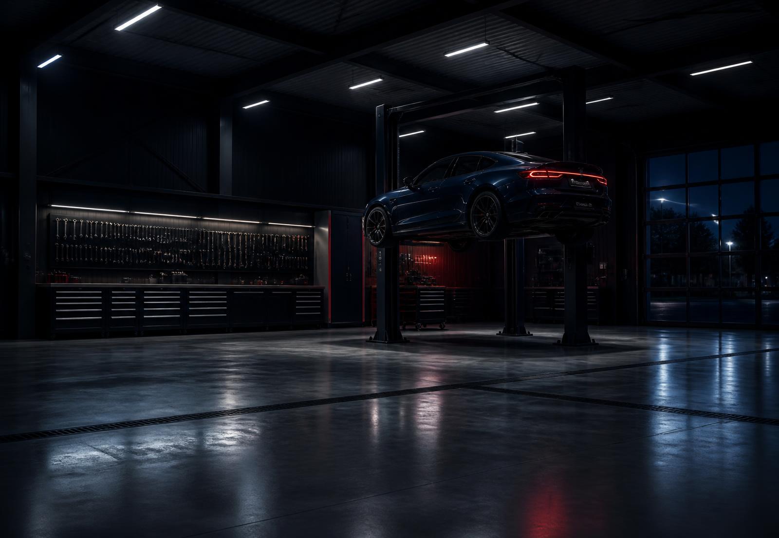 Interior de uma oficina automóvel moderna com viatura elevada